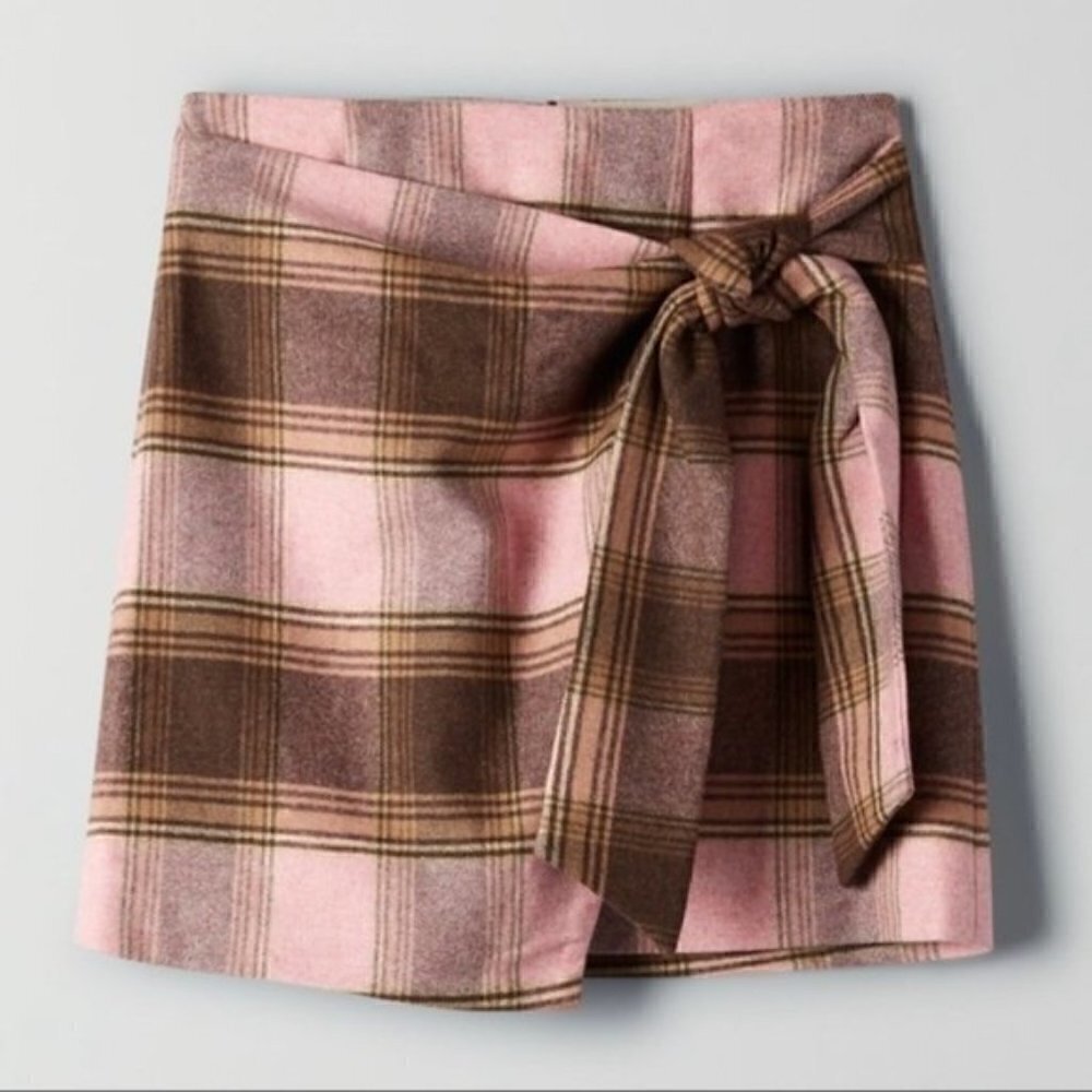 𝅺WILFRED | New Wrap Front Wool Mini Skirt Pink Brown Plaid Size 0 Aritzia